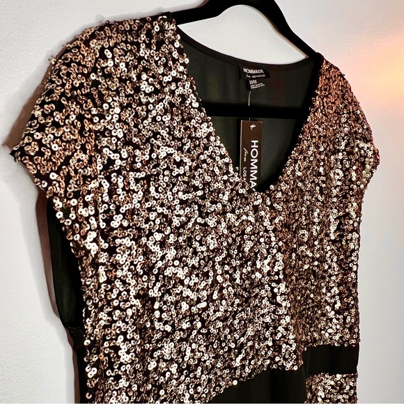 Hommage from Los Angeles NWT Metallic Blouse Medium Gold Sequin Sheer Neutral - Picture 6 of 14